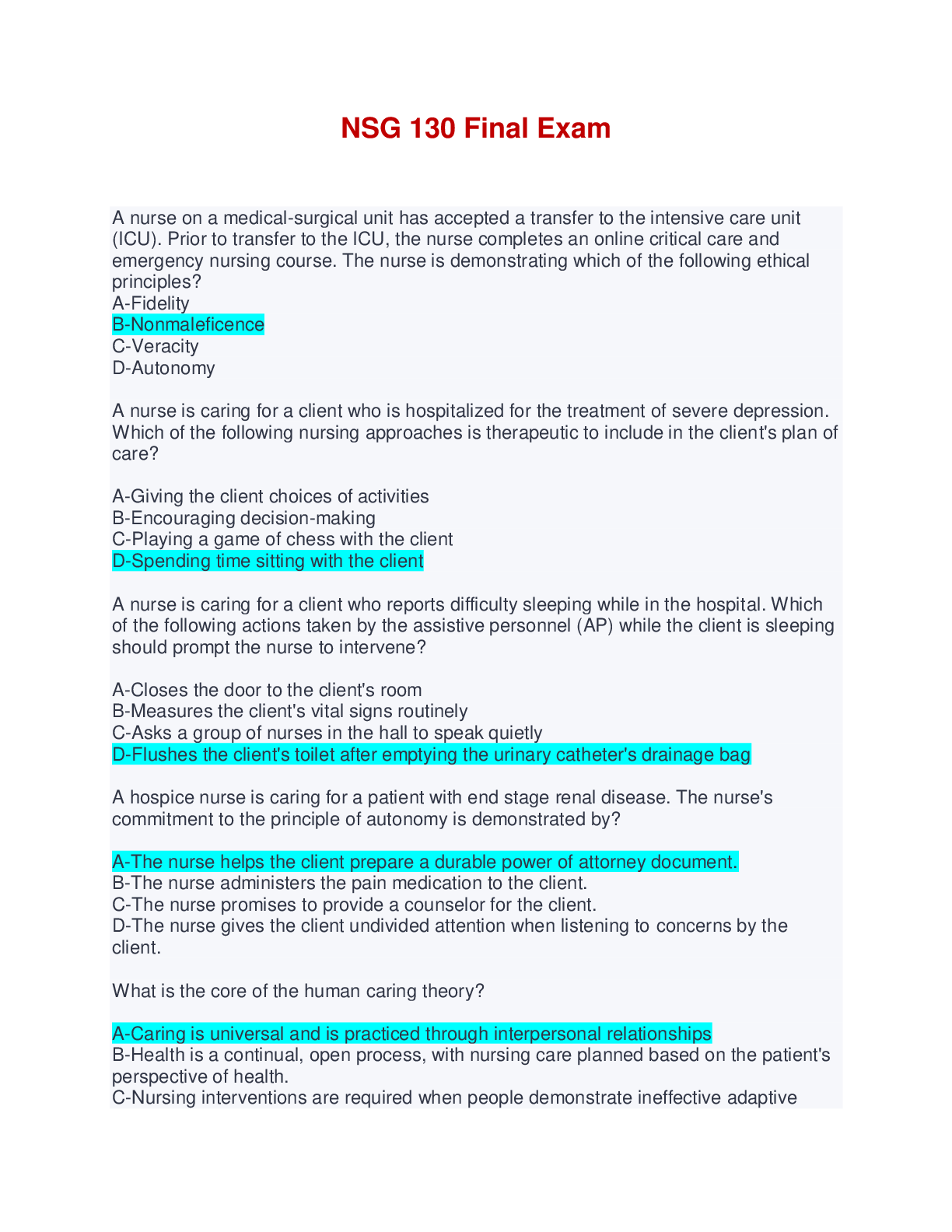 Preview image of NSG 130 Final Exam Review document